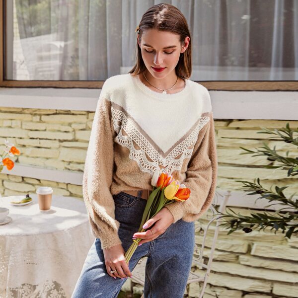 

Colorblock Contrast Lace Fluffy Knit Sweater, Multicolor