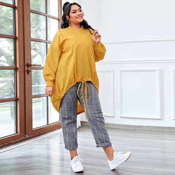 

Plus Drop Shoulder Drawstring High-low Hem Top & Plaid Pants Set, Multicolor