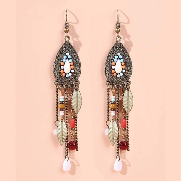 

Leaf Decor Bead Tassel Drop Earrings, Multicolor