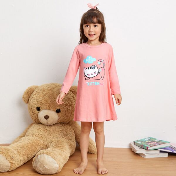 

Toddler Girls Letter & Cartoon Graphic Night Dress, Coral pink
