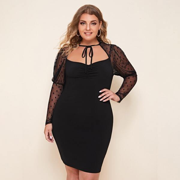 

Plus Tie Neck Dobby Mesh Gigot Sleeve Bodycon Dress, Black