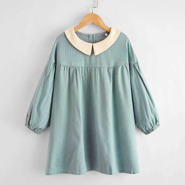

Girls Peter Pan Collar Striped Smock Dress, Mint blue