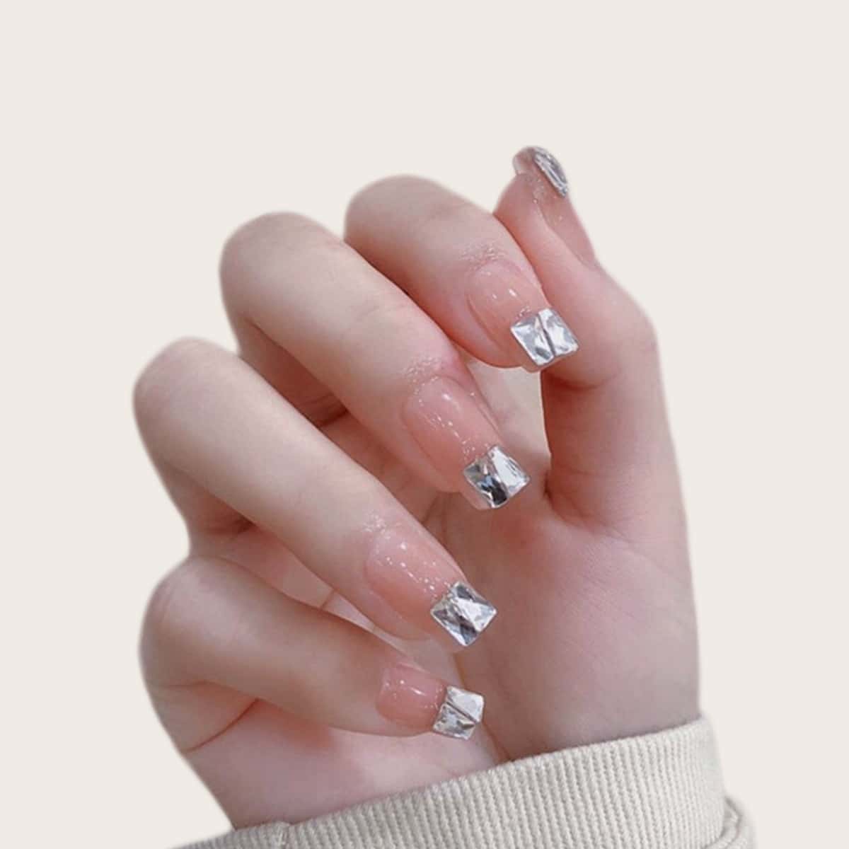

24pcs Rhinestone Decor False Nail & 1sheet Tape, Pink