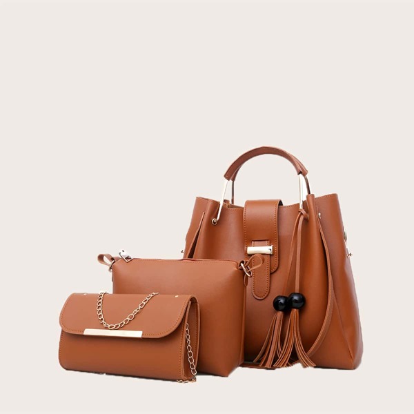 

3pcs Tassel Decor Tote Bag Set, Brown