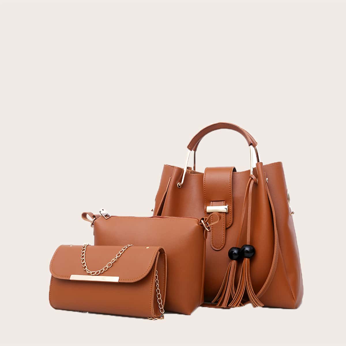 

3pcs Tassel Decor Tote Bag Set, Brown
