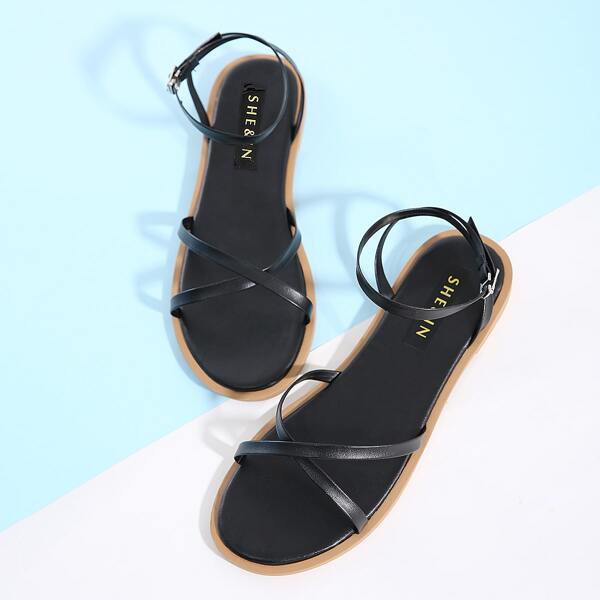 

Criss Cross Ankle Strap Flat Sandals, Black
