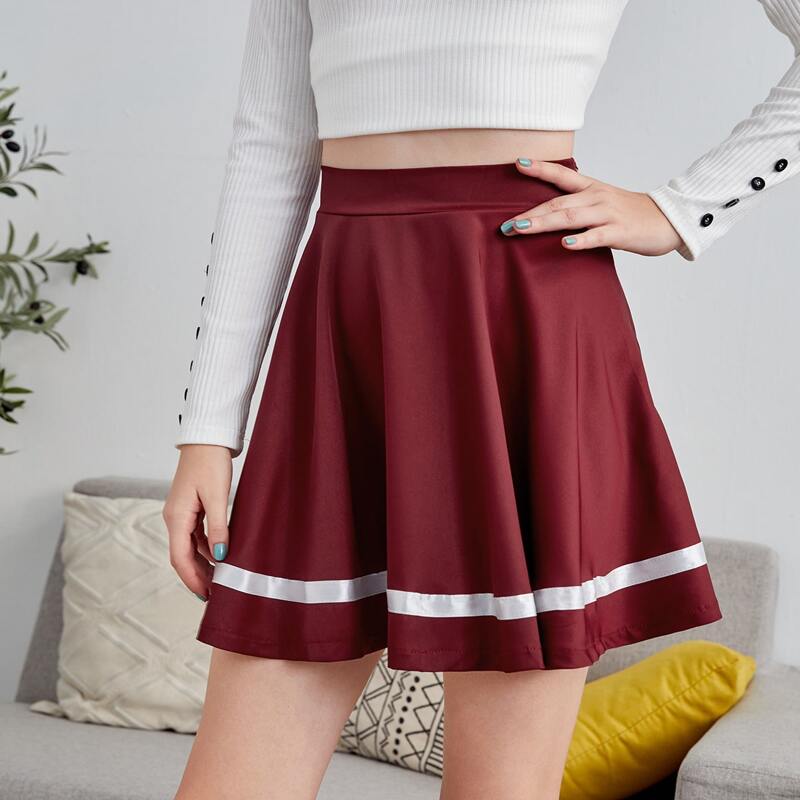 

Striped Hem Skater Skirt, Burgundy