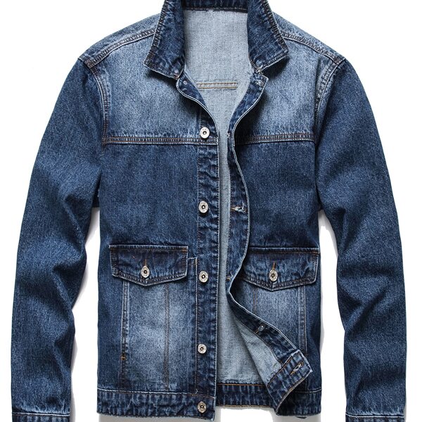 

Men Single-breasted Flap Pocket Denim Jacket, Dark wash