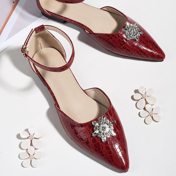 

Rhinestone Flower Decor Ankle Strap Flats, Red