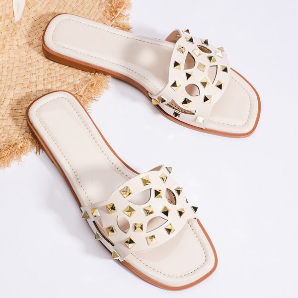 

Rivet Decor Cut-out Slide Sandals, Apricot
