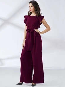MIUSOL Jumpsuit de pierna ancha ribete con fruncido con cinturón