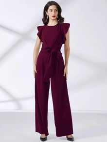 MIUSOL Jumpsuit de pierna ancha ribete con fruncido con cinturón
