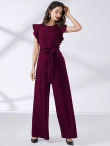 MIUSOL Jumpsuit de pierna ancha ribete con fruncido con cinturón