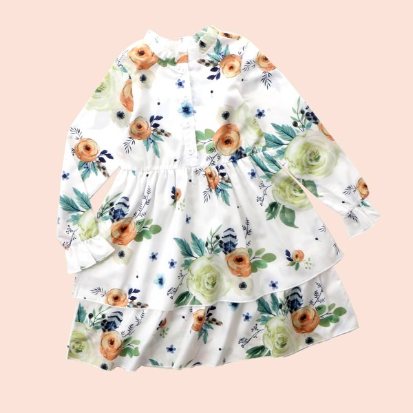 

Girls Floral Print Flounce Sleeve Layered Dress, Multicolor