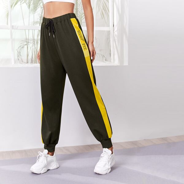 

Slogan Graphic Side Seam Drawstring Waist Sports Pants, Army green