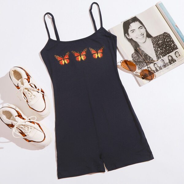 

Butterfly Print Unitard Romper, Navy blue