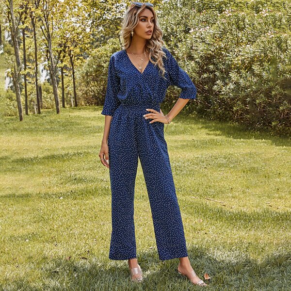 

Polka Dot Shirred Waist Jumpsuit, Navy blue