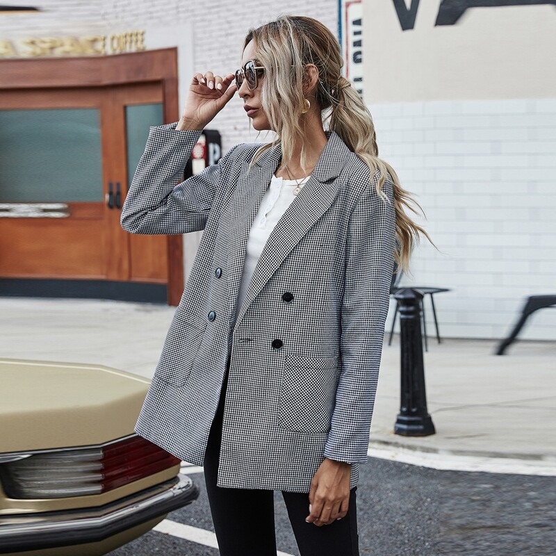 

Double Breasted Gingham Blazer, Black and white