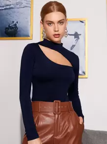 SHEIN Privé 小高領鏤空前上衣 - 藏蓝色 - 查看 1