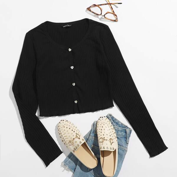 

Heart Buttoned Front Lettuce Trim Rib-knit Tee, Black