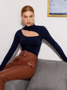 SHEIN Privé 小高領鏤空前上衣 - 藏蓝色 - 查看 4
