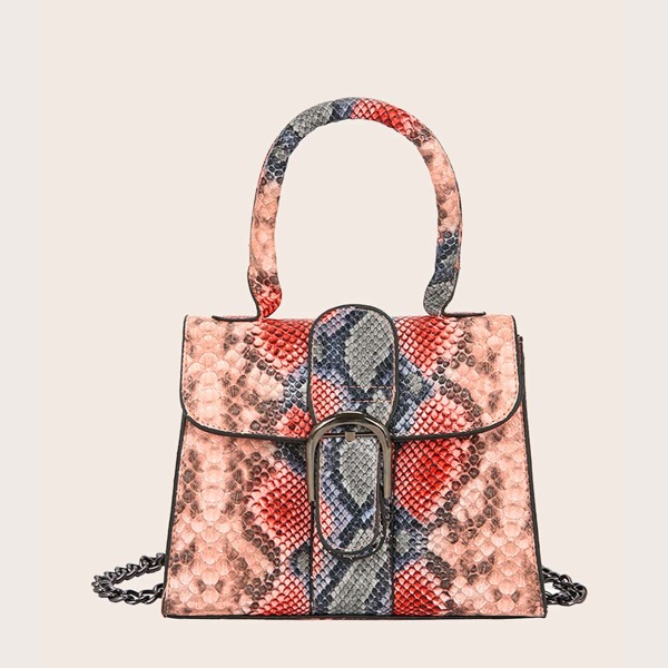 

Buckle Decor Snakeskin Flap Chain Satchel Bag, Pink