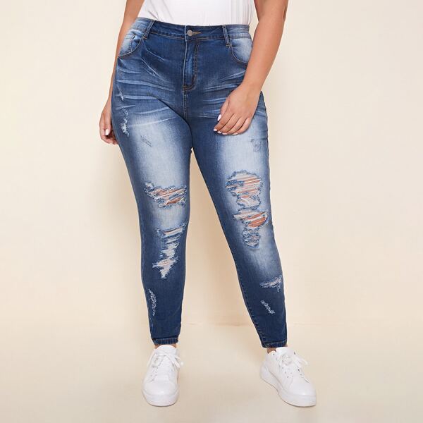 

Plus Slant Pocket Ripped Tie Dye Jeans, Dark wash