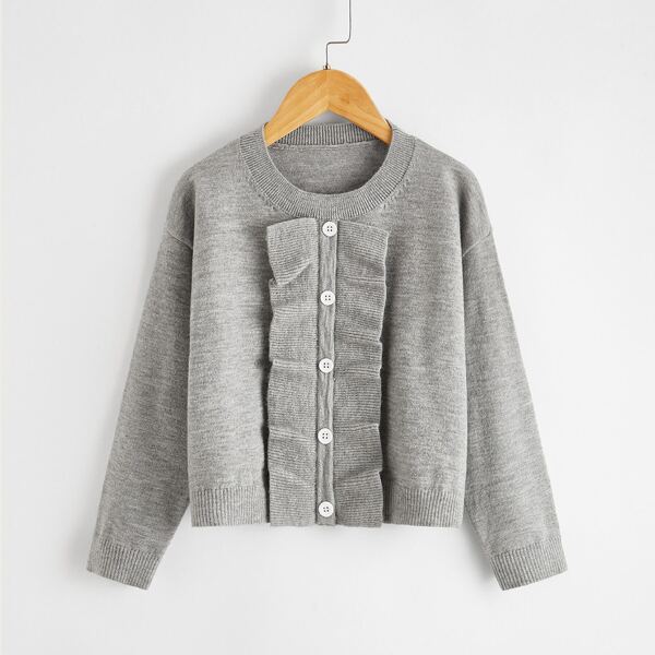

Girls Ruffle Trim Button Detail Sweater, Grey