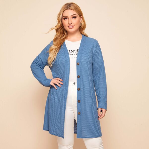 

Plus Waffle Knit Button Up Coat, Blue