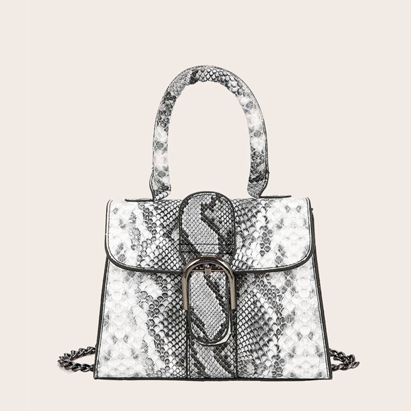 

Buckle Decor Snakeskin Flap Chain Satchel Bag, Grey