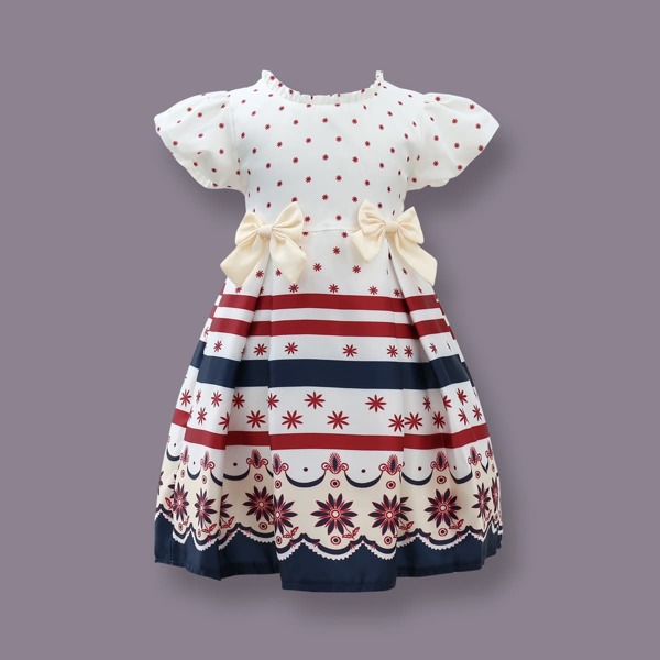 

Toddler Girl Striped And Floral Print Bow Front Party Dress, Multicolor