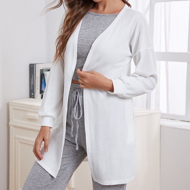 

Drop Shoulder Waffle Knit Lounge Robe, White