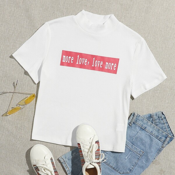 

Mock-neck Letter Graphic Rib-knit Tee, White