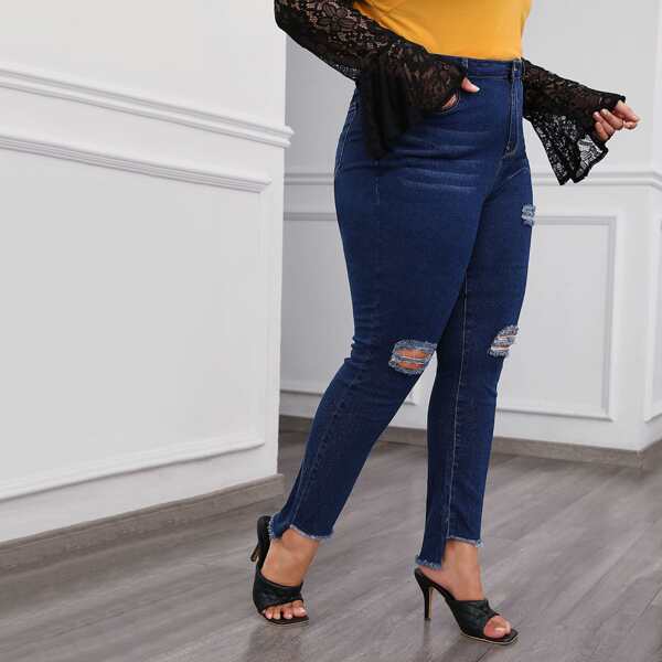 

Plus High Low Hem Ripped Jeans, Dark wash