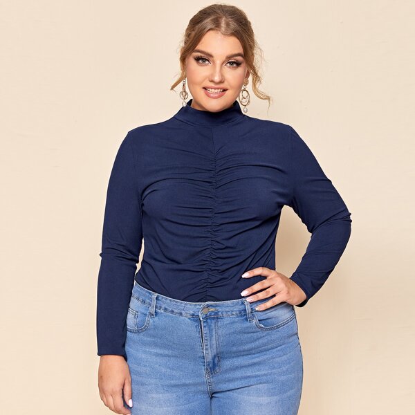 

Plus Solid Ruched Front Mock Neck Ribbed Tee, Navy blue