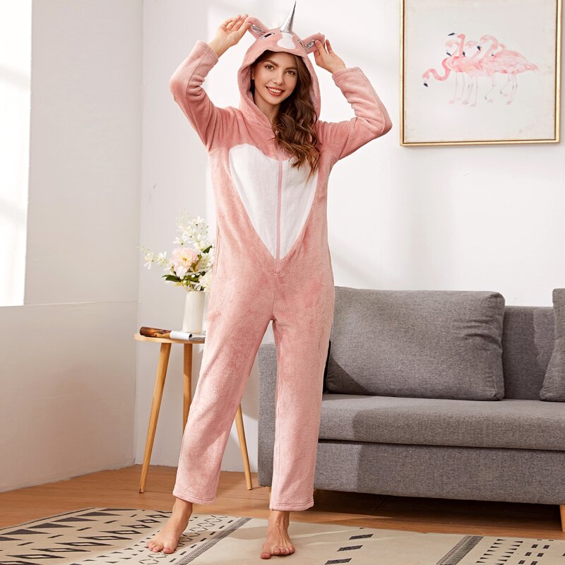 

Embroidered Detail Heart Teddy Sleep Jumpsuit With Unicorn Ear, Dusty pink