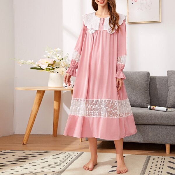 

Scallop Edge Sailor Collar Embroidered Mesh Insert Nightdress, Baby pink