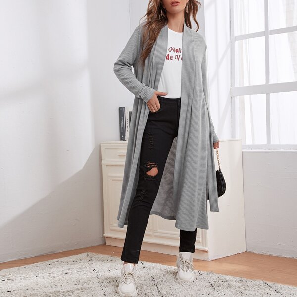 

Rib Knit Self Belted Lounge Robe, Grey