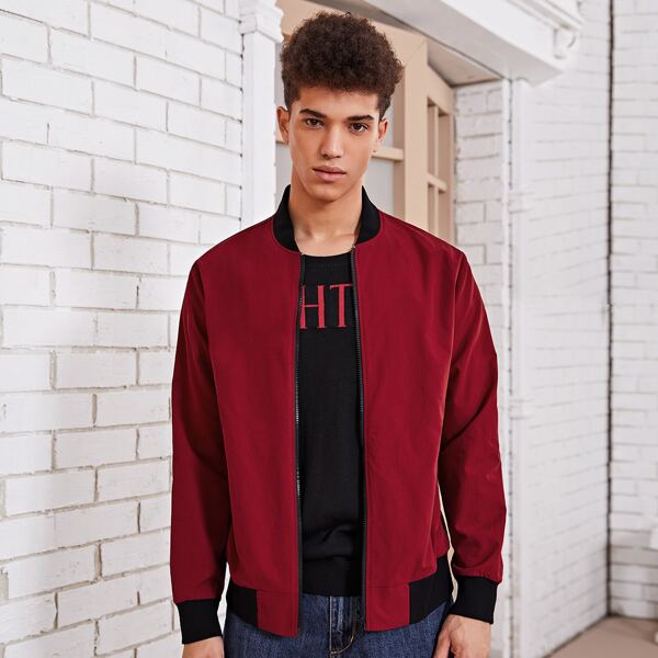 

Men Contrast Trim Zip Up Bomber Jacket, Burgundy