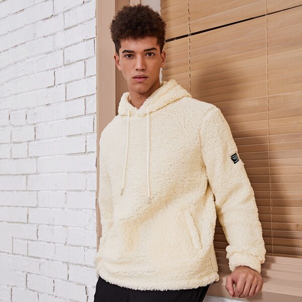 

Men Patched Detail Pocket Front Teddy Hoodie, Beige