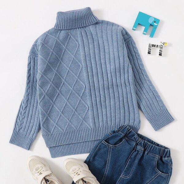 

Boys High Neck Ribbed Knit Sweater, Dusty blue