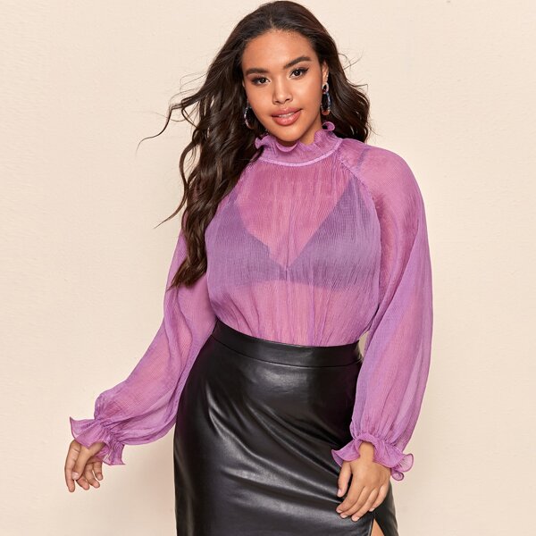 

Plus Ruffle Stand Neck Raglan Sleeve Sheer Blouse, Purple