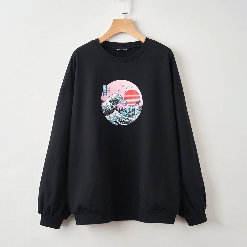 

ROMWE X Vincenttrinidadart Japanese Letter & Wave Graphic Sweatshirt, Black