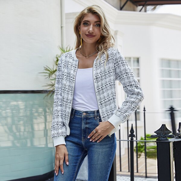 

Tweed Plaid Zip Up Bomber Jacket, White