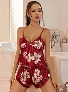 Floral Print Satin Cami PJ Set - Burgundy - View 3