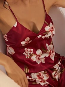 Floral Print Satin Cami PJ Set - Burgundy - View 5