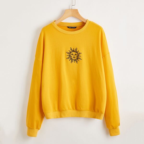 

Drop Shoulder Graphic Embroidery Pullover, Yellow bright