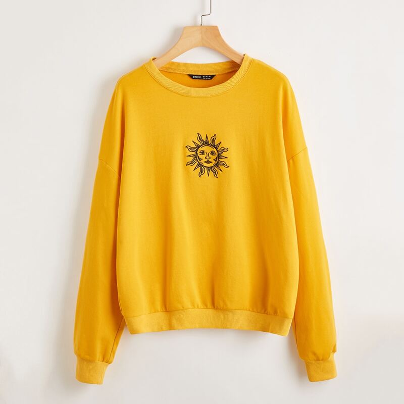 

Drop Shoulder Graphic Embroidery Pullover, Yellow bright