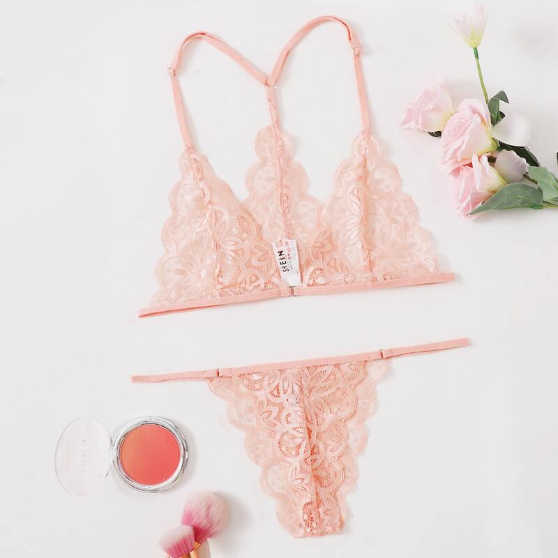 

Floral Lace Scalloped Lingerie Set, Pastel baby pink
