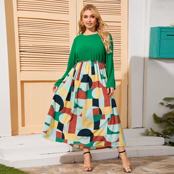 

Plus Geo Print Frill Trim Combo Dress, Multicolor